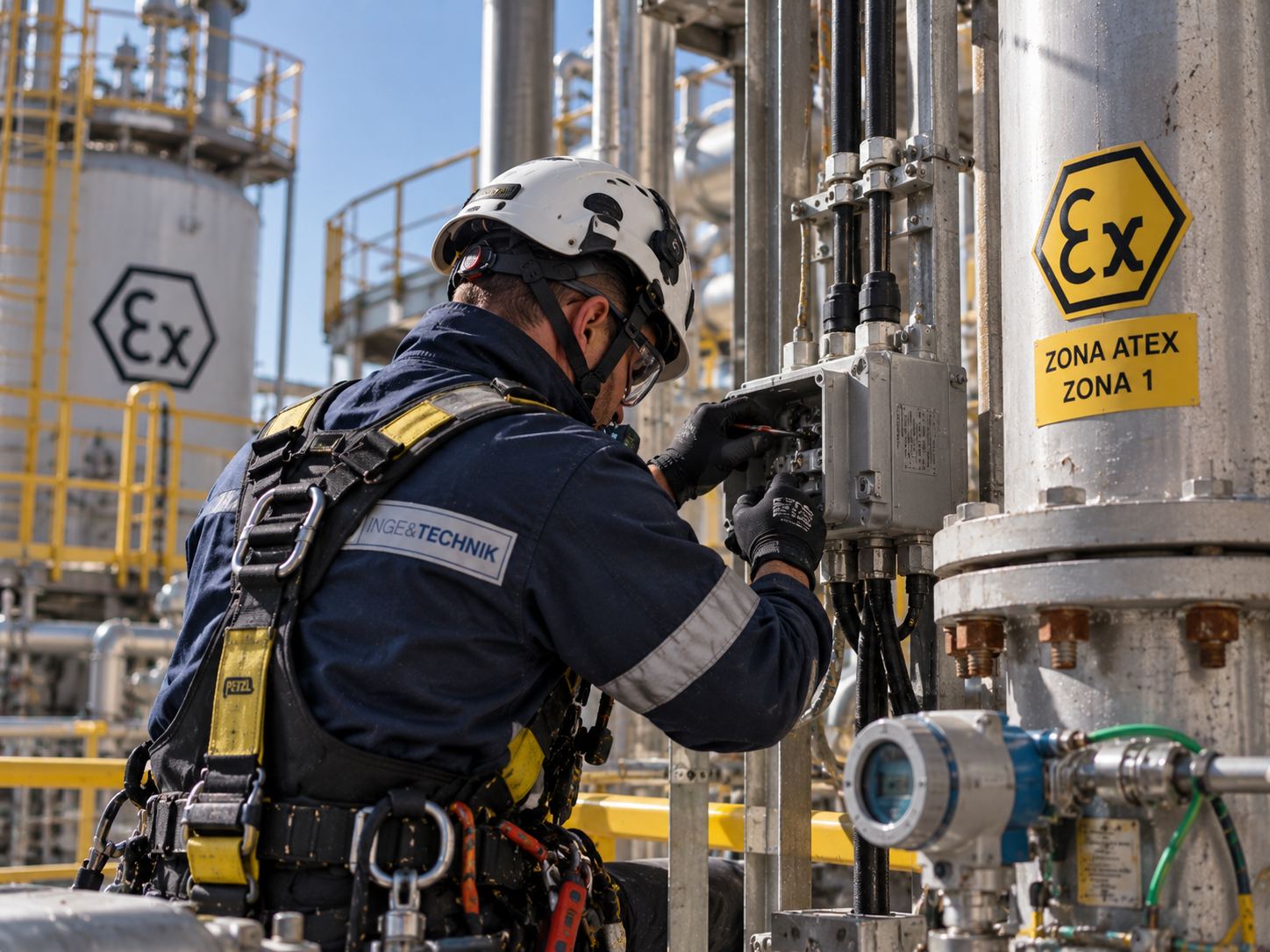 Técnico de Inge&Technik trabajando en una caja de conexiones en una zona ATEX señalizada