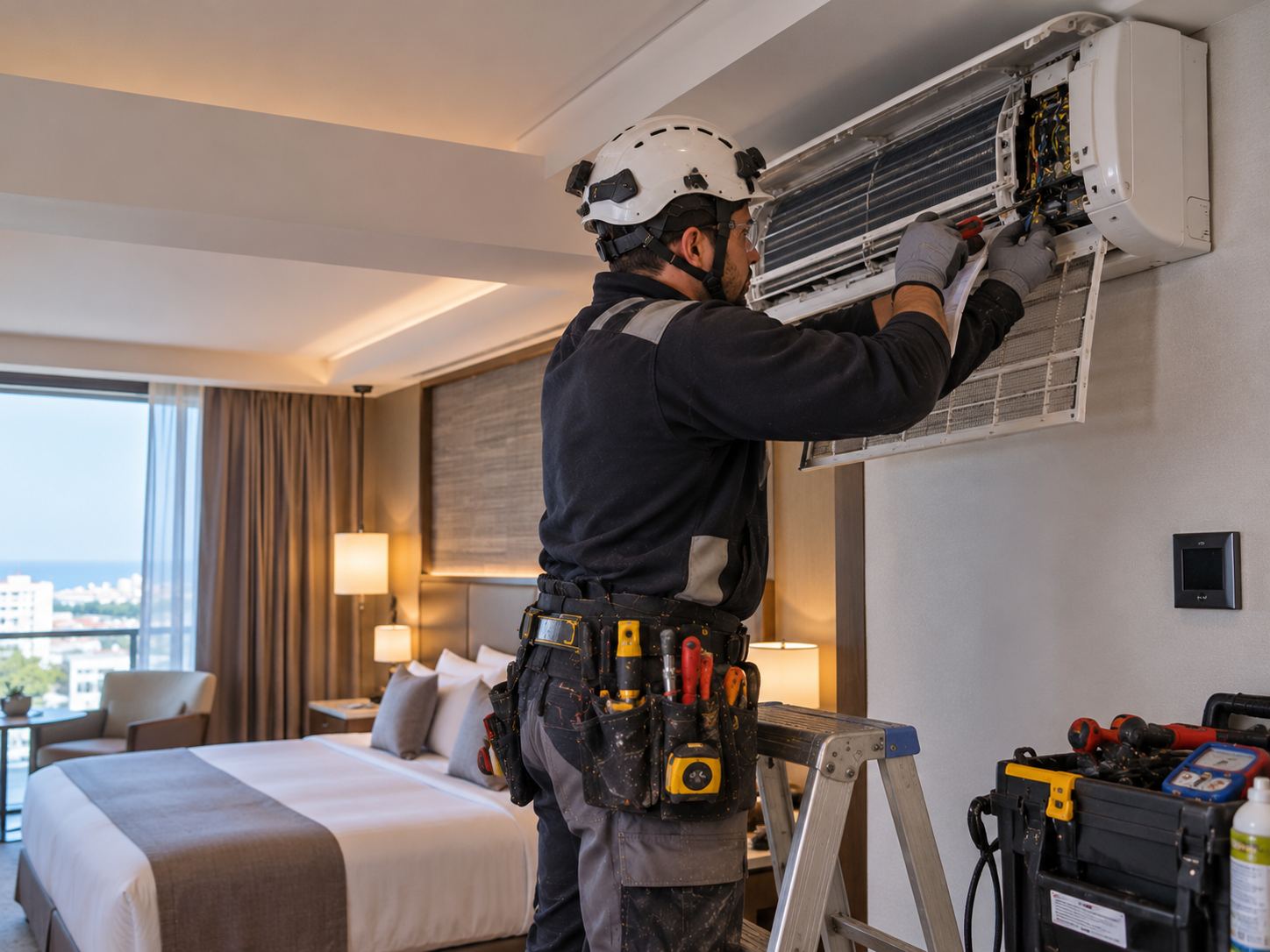 Técnico revisando el equipo de aire acondicionado de una habitación de hotel