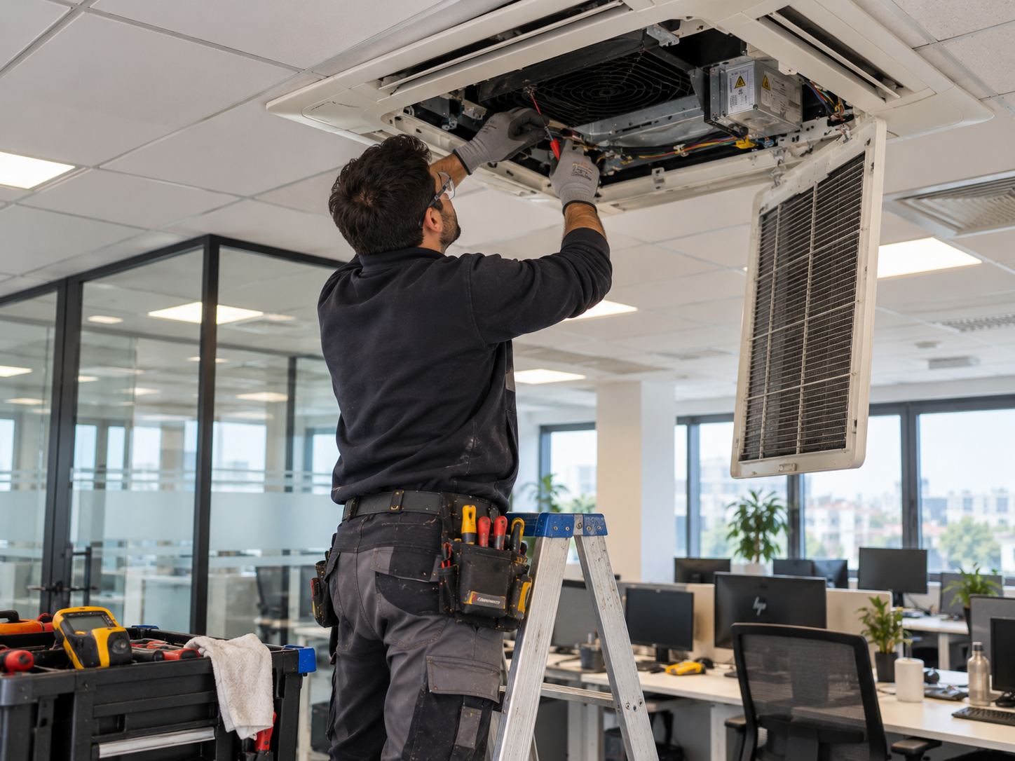 Técnico revisando una unidad cassette en el techo de una oficina
