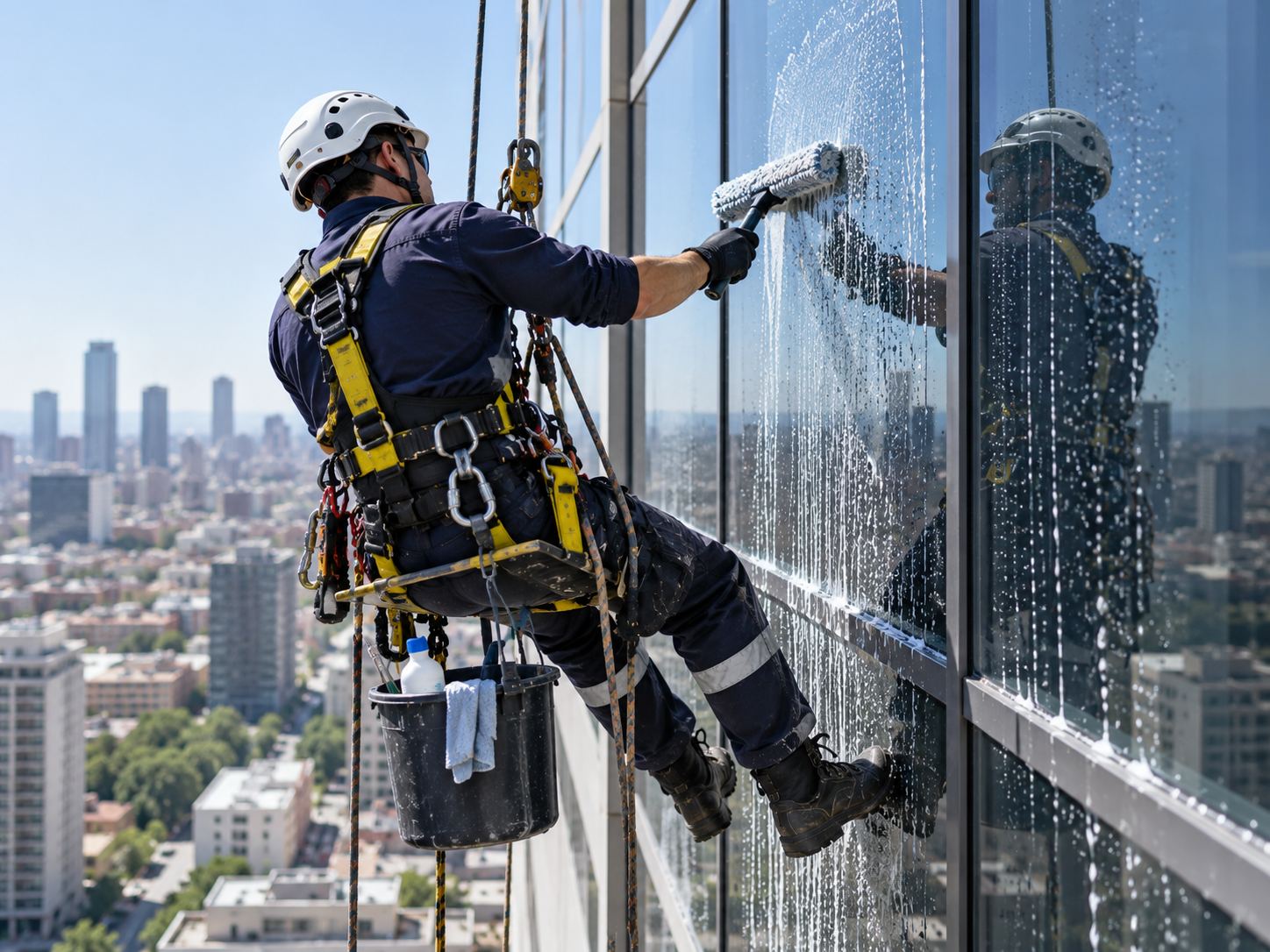 Técnico de Inge&Technik limpiando cristales colgado con cuerdas en la fachada de un edificio