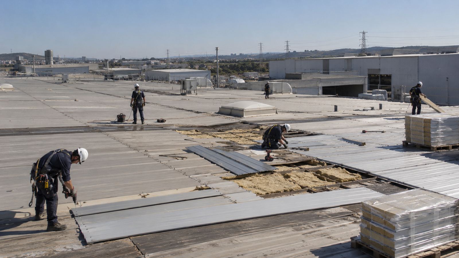 Operarios con arnés reparando la cubierta de una nave industrial