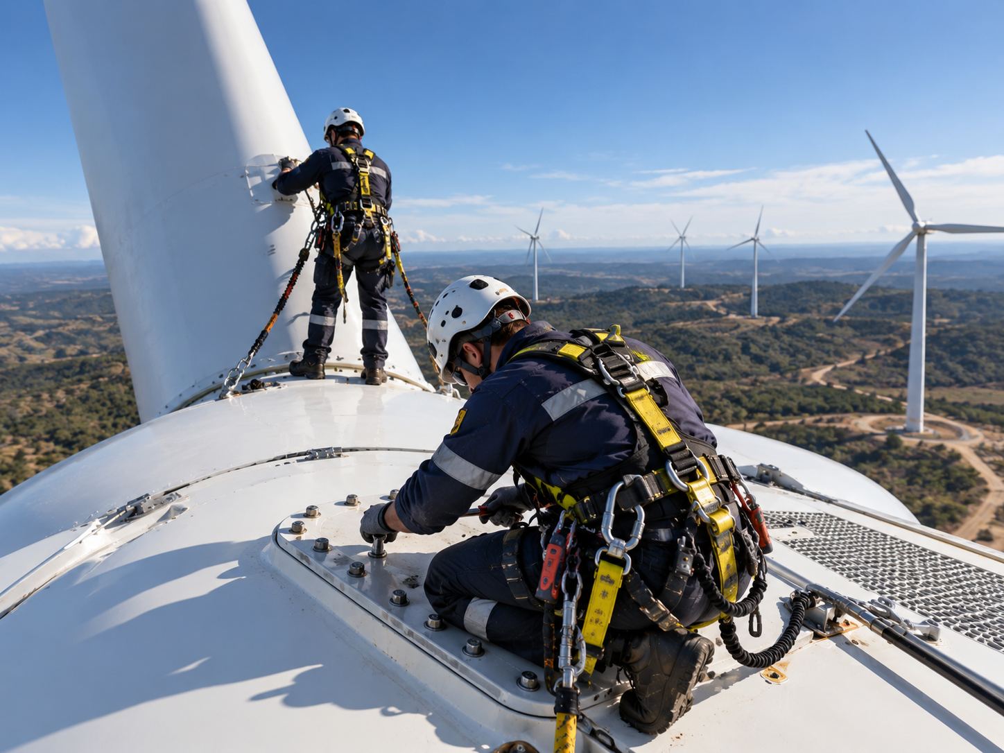 Técnicos de Inge&Technik trabajando anclados sobre la góndola de un aerogenerador