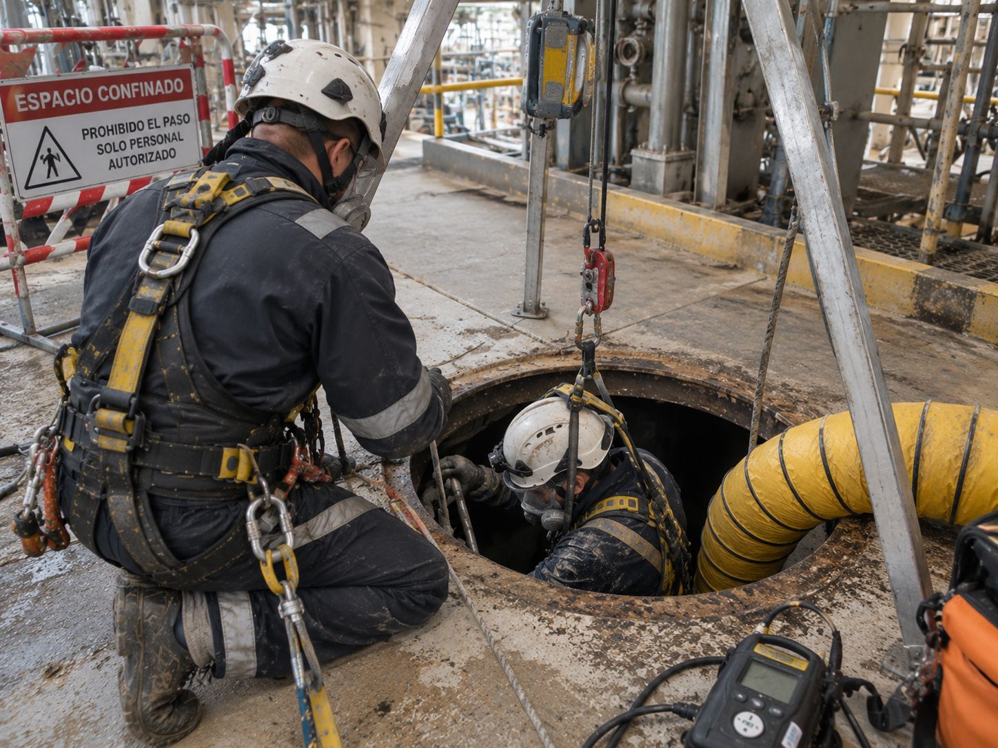Técnicos de Inge&Technik entrando en un espacio confinado con trípode de rescate, ventilación forzada y detector de gases