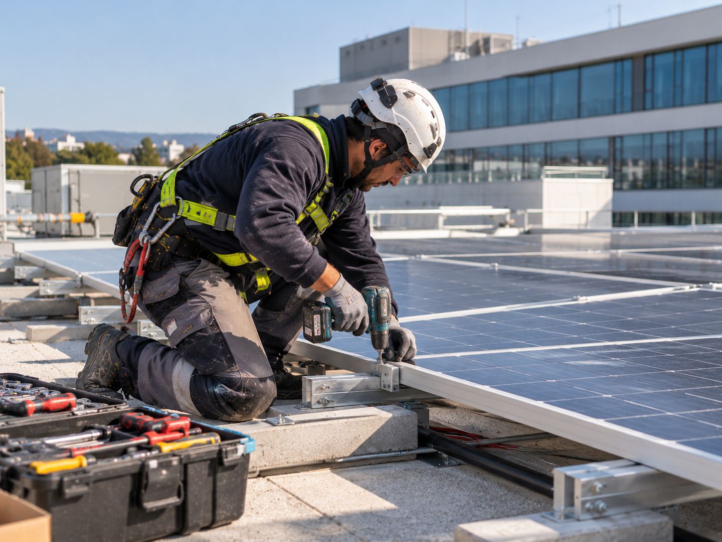 Técnico con arnés montando paneles solares en una cubierta