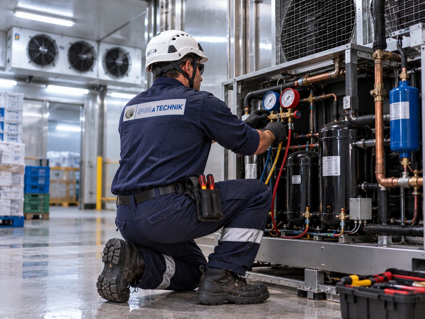 Técnico midiendo presiones en una central frigorífica