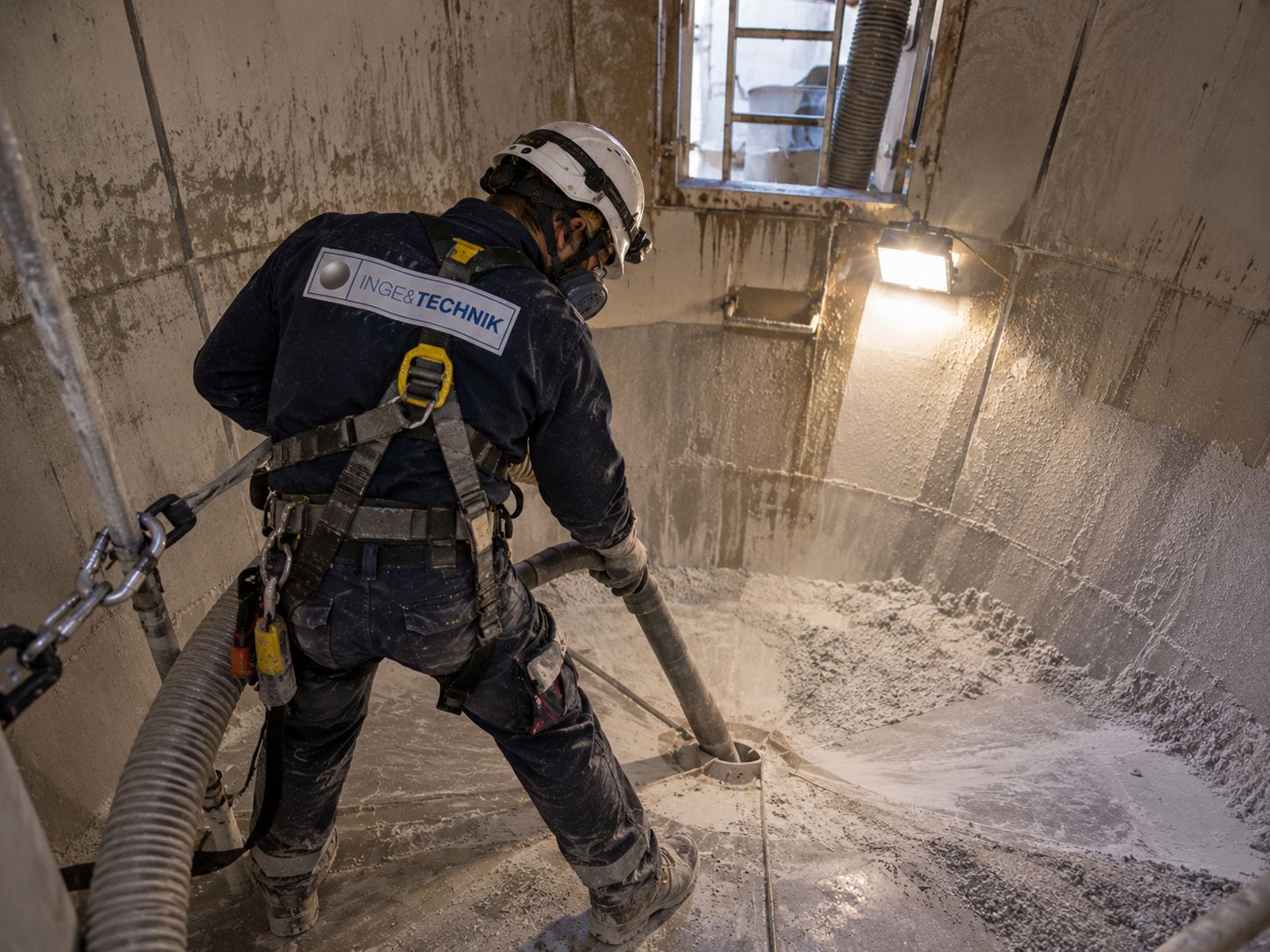 Técnico limpiando el interior de un silo