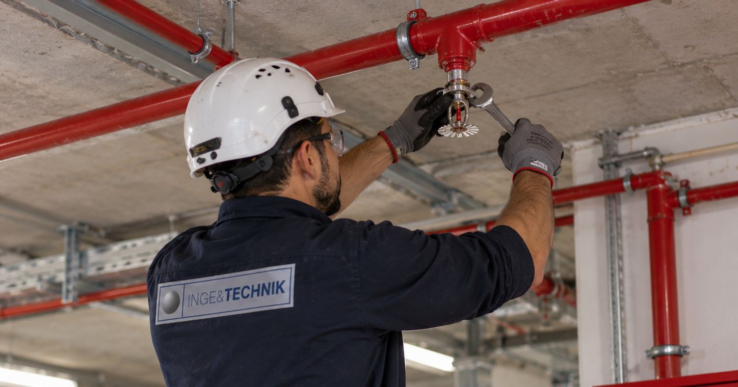 Técnico de Inge&Technik sustituyendo un rociador automático en una red de tuberías contra incendios