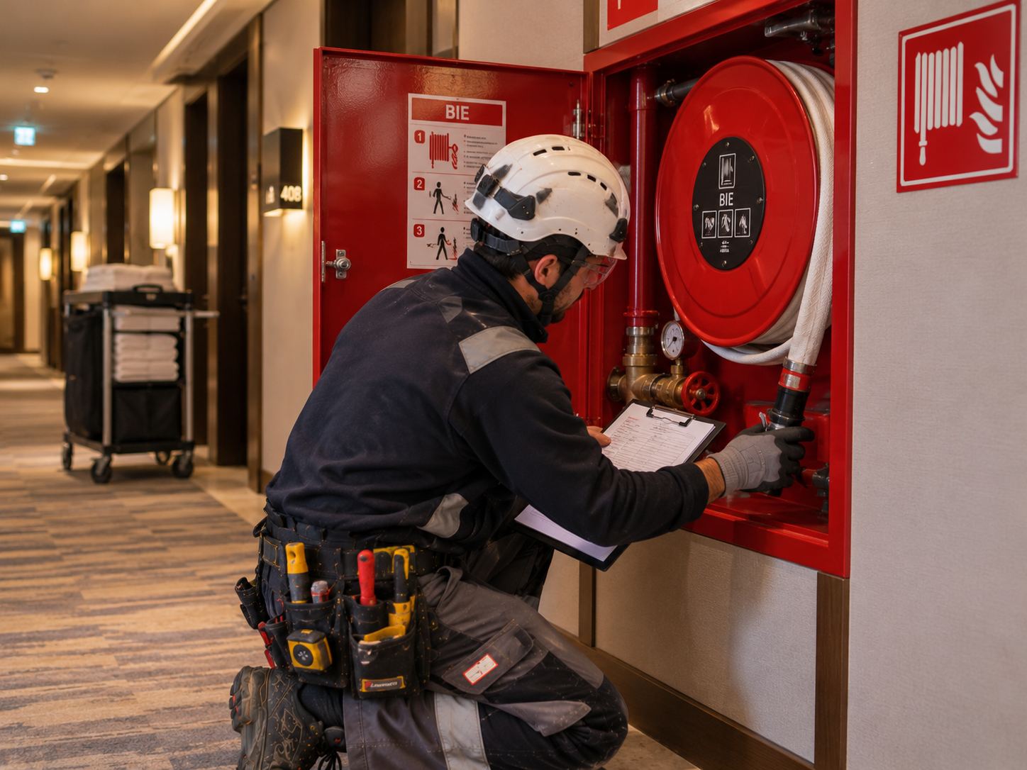 Técnico revisando una boca de incendio equipada en el pasillo de un hotel