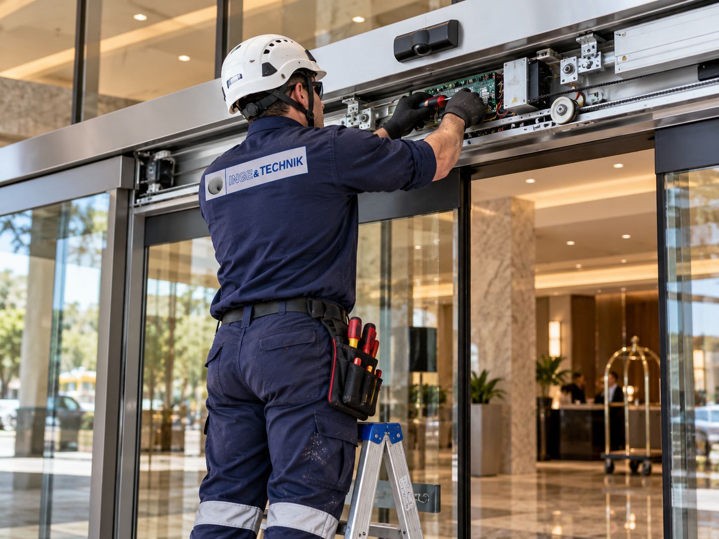 Técnico ajustando una puerta automática en la entrada de un hotel
