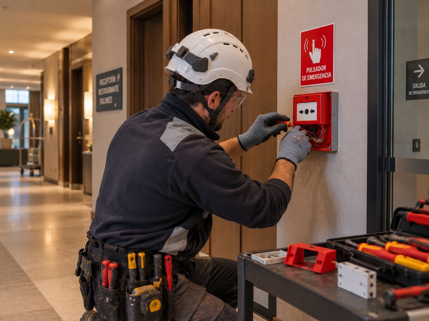 Técnico revisando un pulsador de alarma de incendios en un hotel