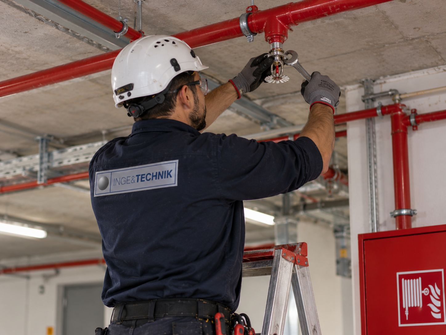 Técnico sustituyendo un rociador automático
