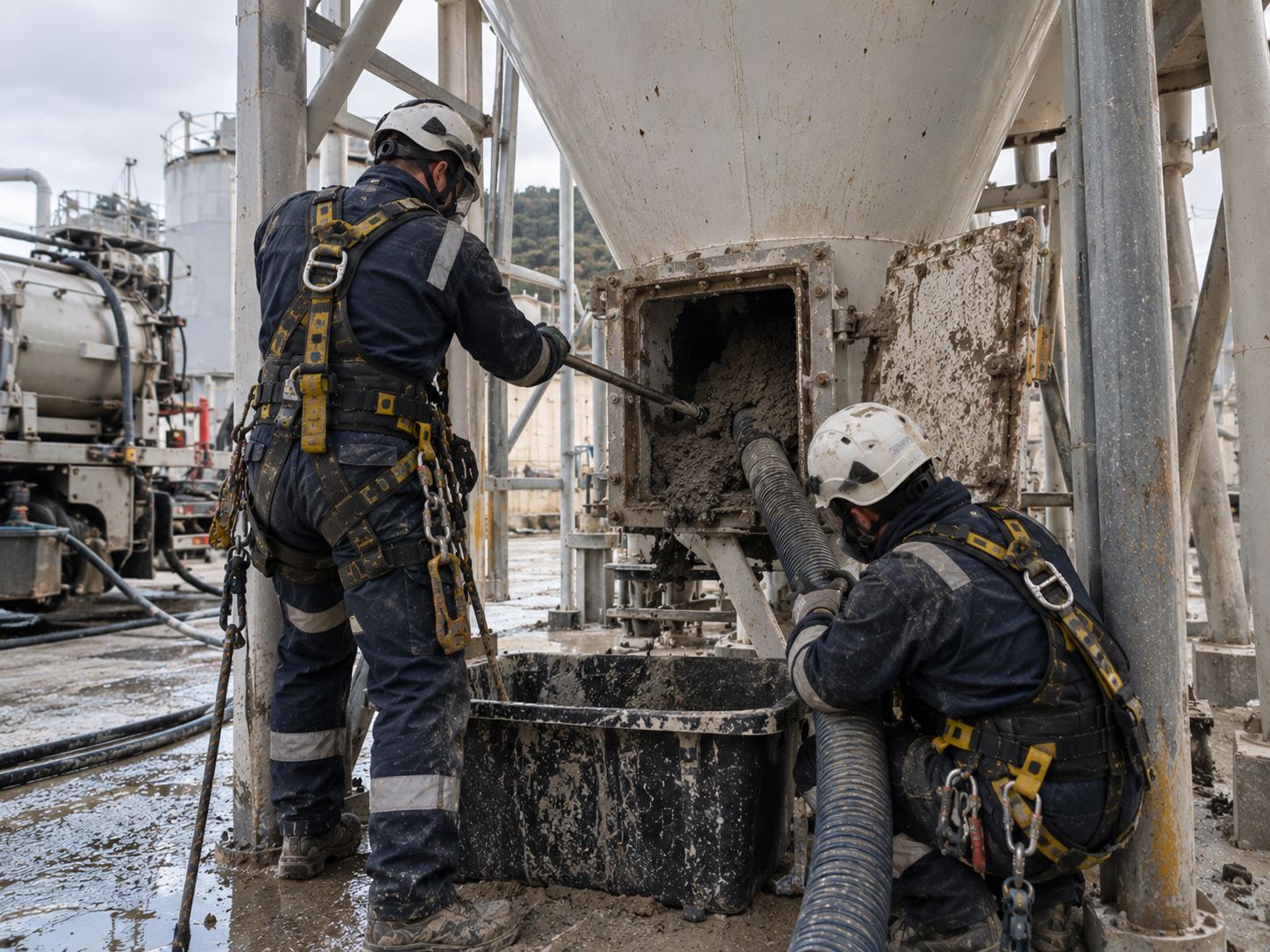 Dos técnicos vaciando un silo por la boca de inspección con aspiración industrial